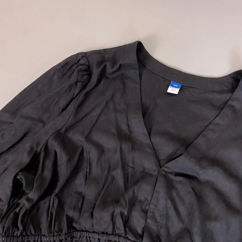 Old Navy Blouse Top Women's XXL‎ Black Smocked V-Neck Puff Sleeve Peplum New NWT